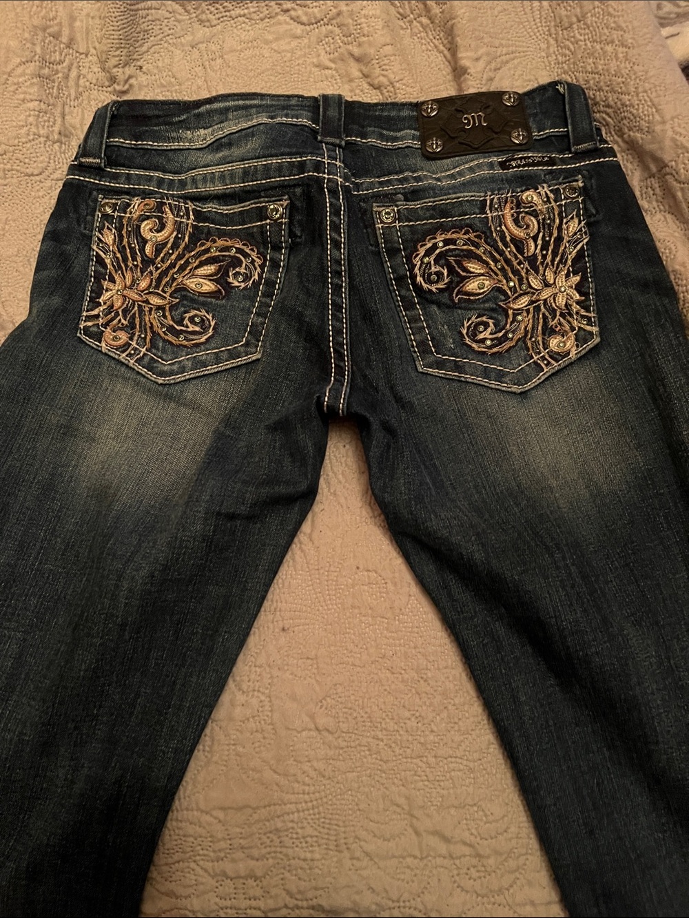 Miss Me Women's Boot Cut Jeans in Dark Blue with Gold Embroidery